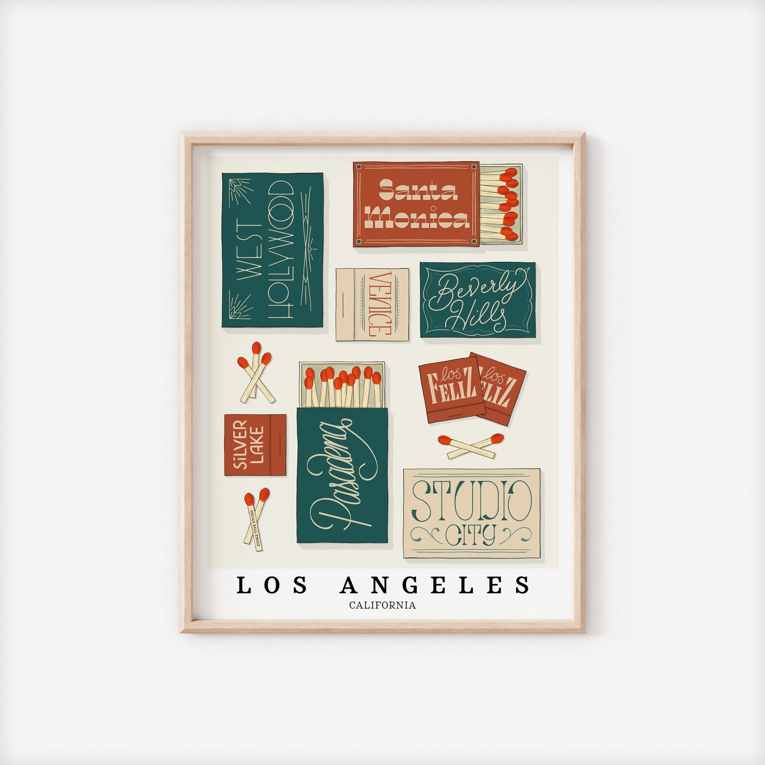 A framed picture of Los Angeles, California neighborhoods drawn in various lettering styles on matchboxes. Artwork has a green, orange and tan color scheme.
