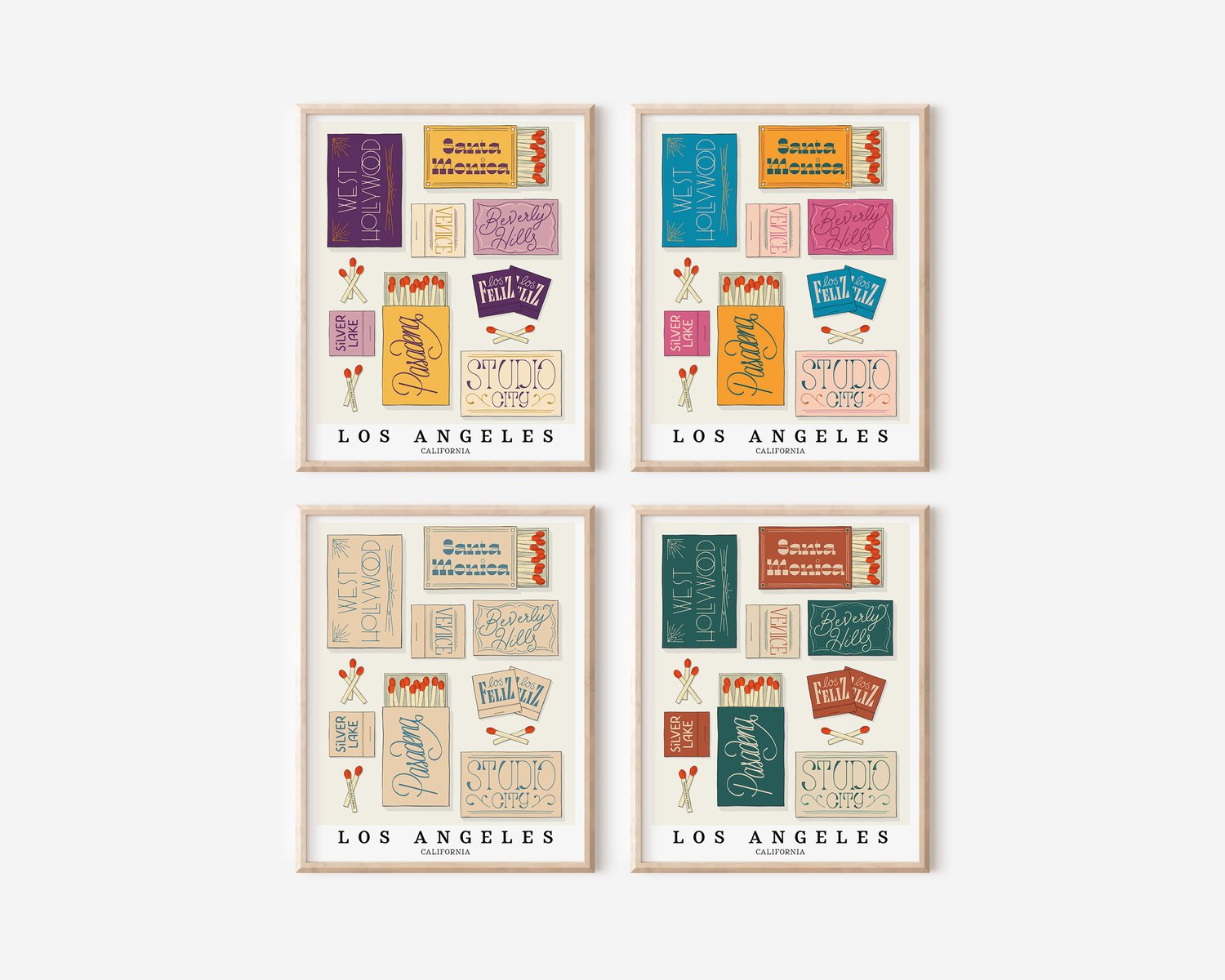 A group of 4 framed pictures that feature neighborhoods in the Los Angeles, California area