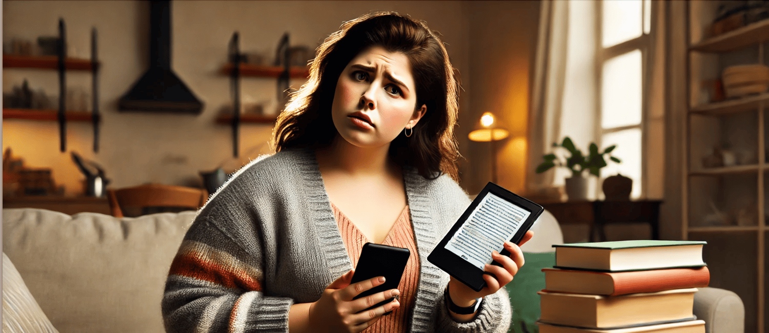 perplexed woman holding an ereader and cell phone