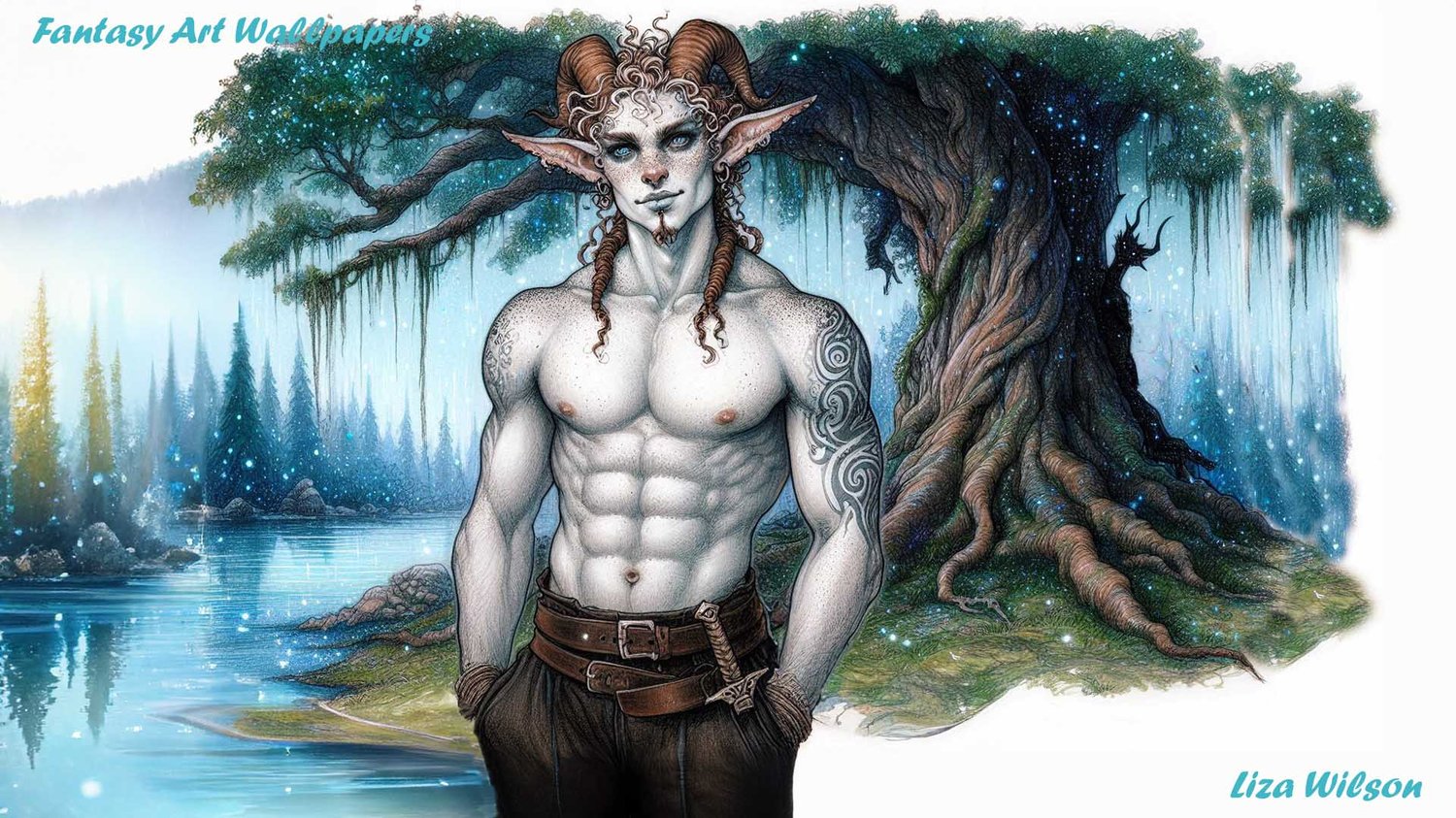 male Faun, fauns, muscular fauns, mystical misty forests, sparkly lakes. plants,