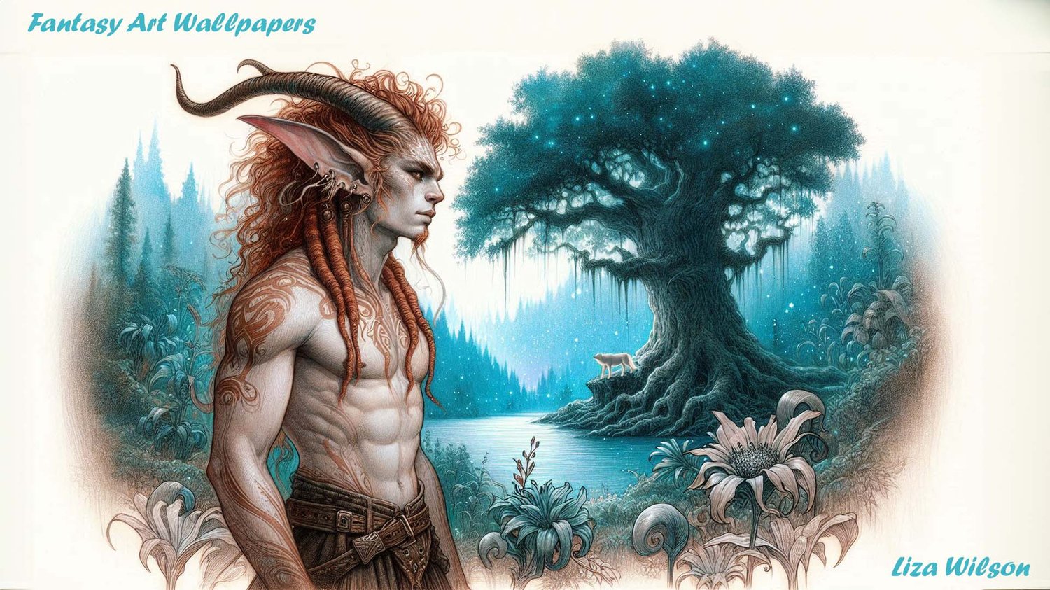 male Faun, fauns, muscular fauns, mystical misty forests, sparkly lakes. plants, white deer