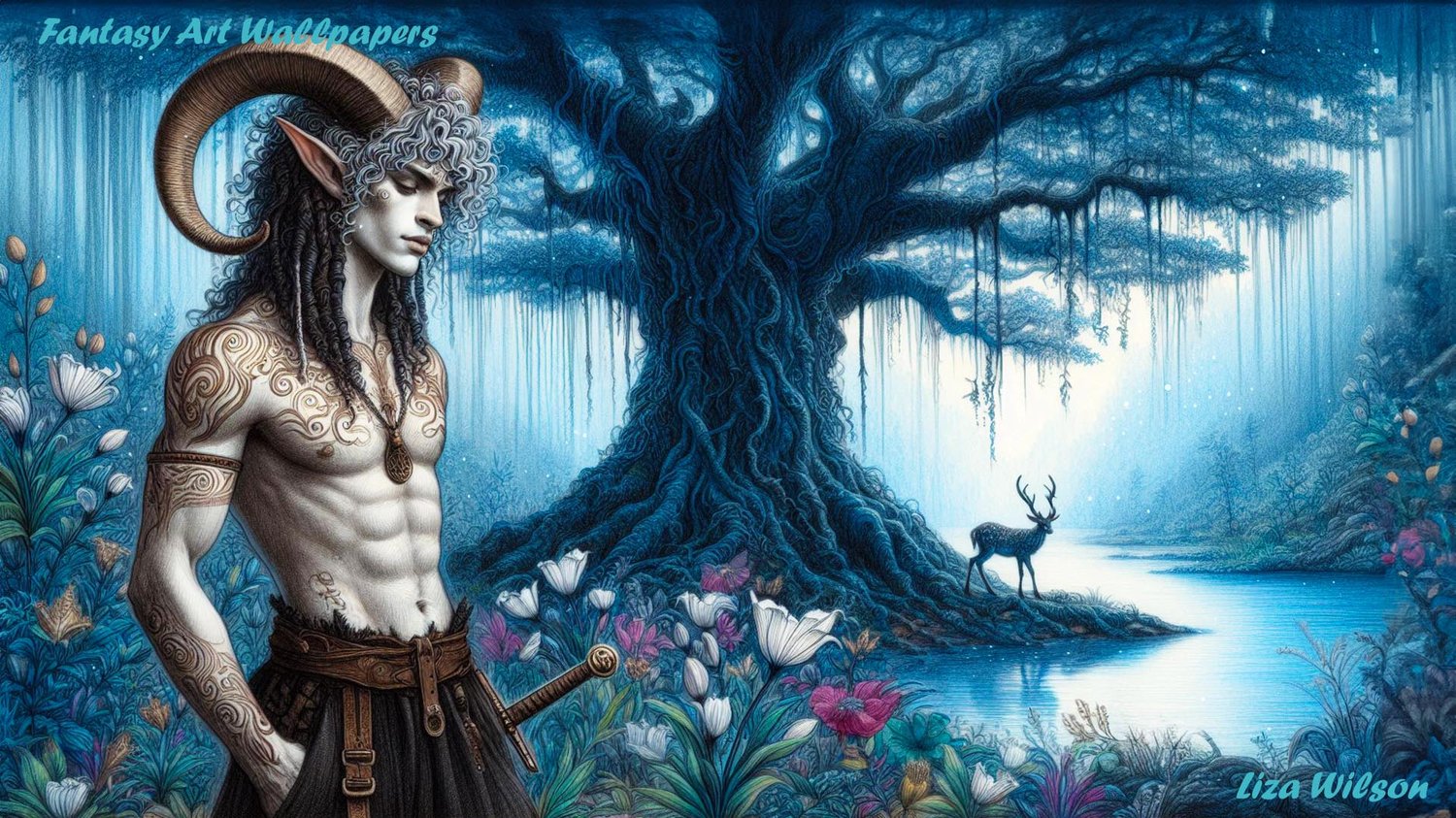 male Faun, fauns, muscular fauns, mystical misty forests, sparkly lakes. plants, white deer