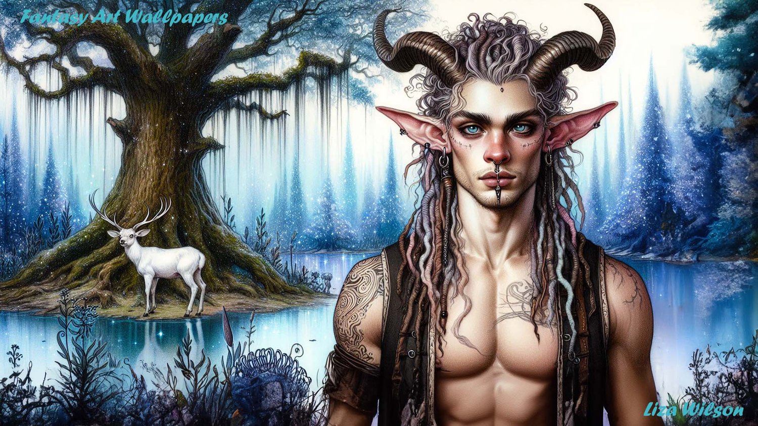male Faun, fauns, muscular fauns, mystical misty forests, sparkly lakes. plants, white deer