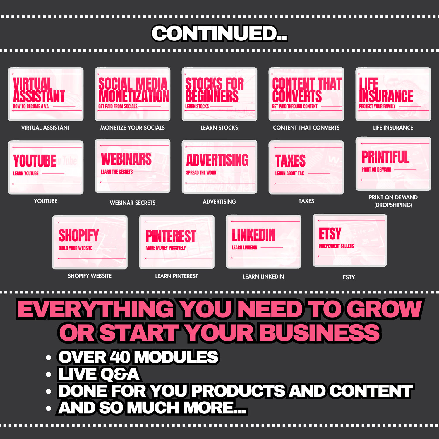 Continuation of the DBA Volume Two promotional graphic, showcasing more advanced modules and tools included in the package. These modules cover a wide range of topics such as Virtual Assistant Training, Social Media Monetization, Stocks for Beginners