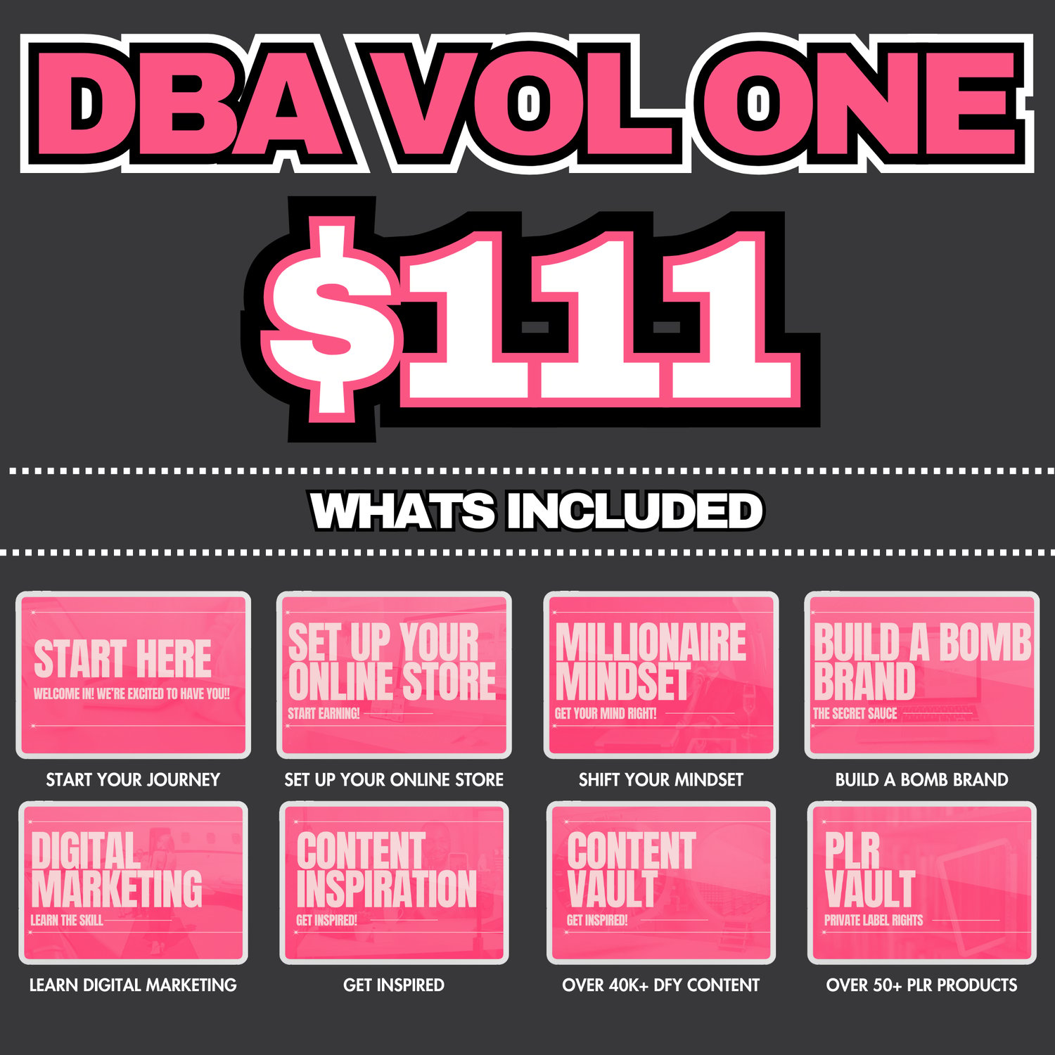 Promotional graphic for DBA Volume One, highlighting a special price of $111. This package includes multiple modules designed to help users start and grow their online business. Key modules featured include Start Your Journey, Set Up Your Online Store,