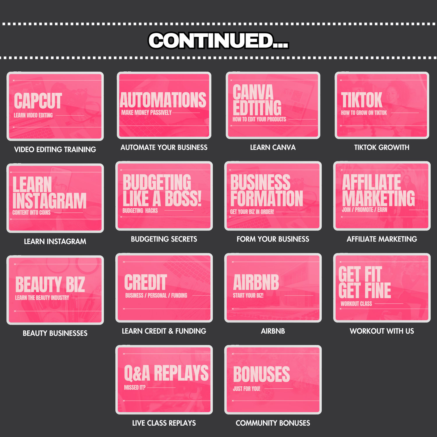 Continuation of the DBA Volume One promotional graphic, listing additional modules available in the package. Modules include Learn Video Editing with Capcut, Automate Your Business, Learn Canva Editing, TikTok Growth, Learn Instagram, Budgeting