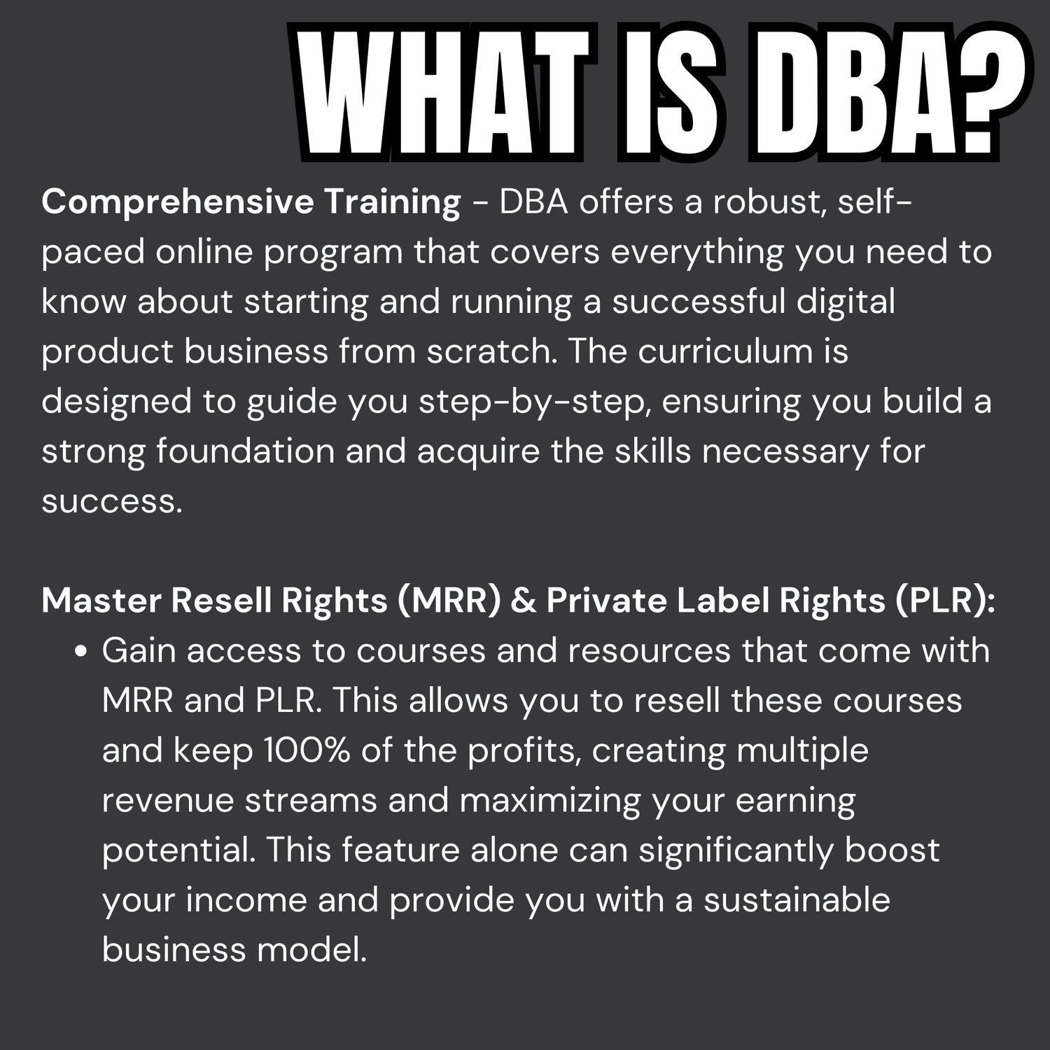 Promotional graphic titled What is DBA? explaining the benefits of the Digital Boss Academy (DBA). The graphic highlights comprehensive training provided by DBA, a robust self-paced online program that covers all essential aspects of starting and runnin