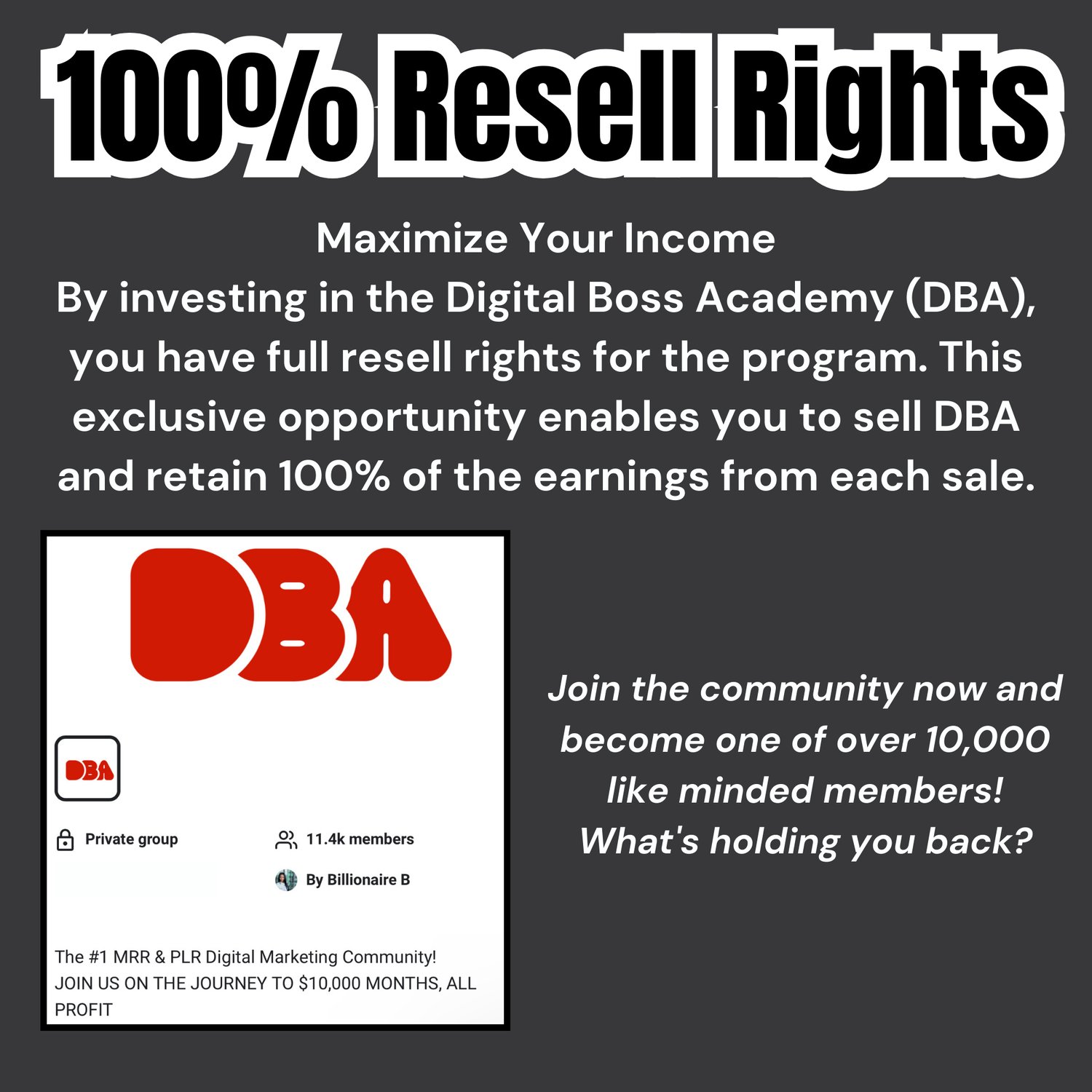 Promotional graphic offering 100% Resell Rights for the Digital Boss Academy (DBA). The graphic emphasizes the opportunity to maximize income by investing in DBA, granting full resell rights for the program. This exclusive opportunity allows individuals