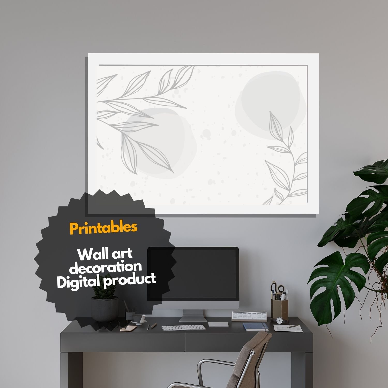 Minimalist Gray Leaf Illustration - Botanical Wall Art  - Abstract Botanical Print - Modern Home Decor Option  - Soft Gray Leaf Drawing - Simple and Elegant