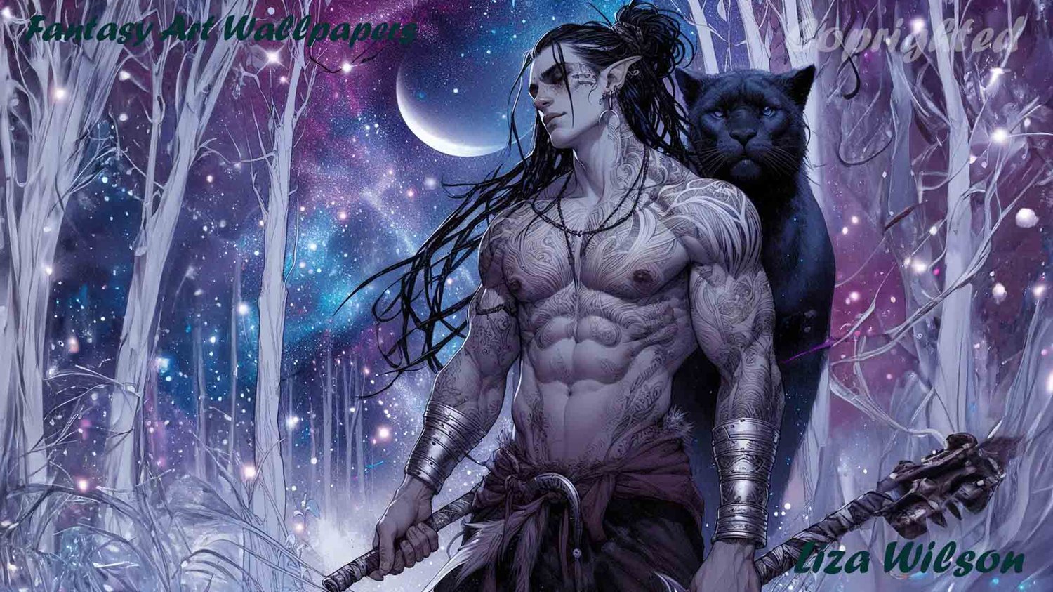 elf, elves, fantasy art, male elf, muscular elf, elf in forest, elf & black panther, black panthers, forests, white trees, fantasy wallpaper