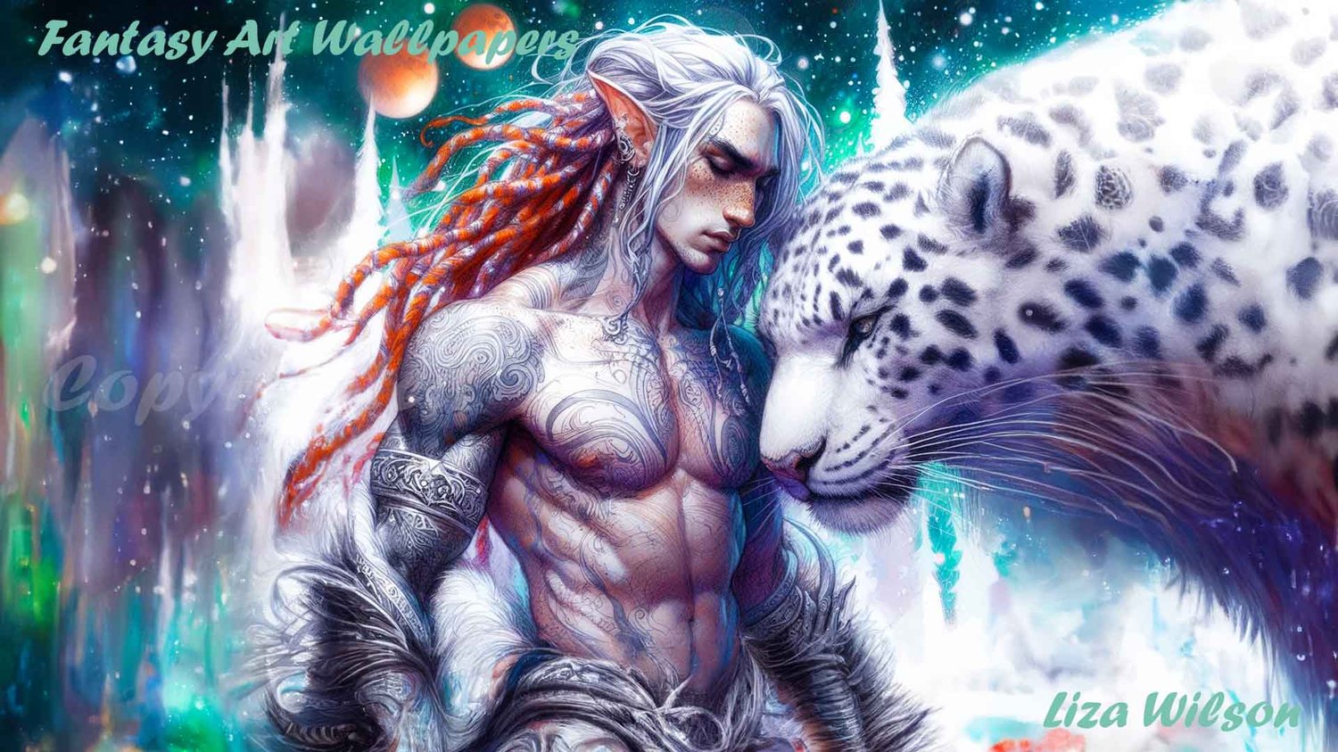 elf, elves, fantasy art, male elf, muscular elf, elf in forest, elf & jaguar, jaguars, forests, white trees, fantasy wallpaper,
