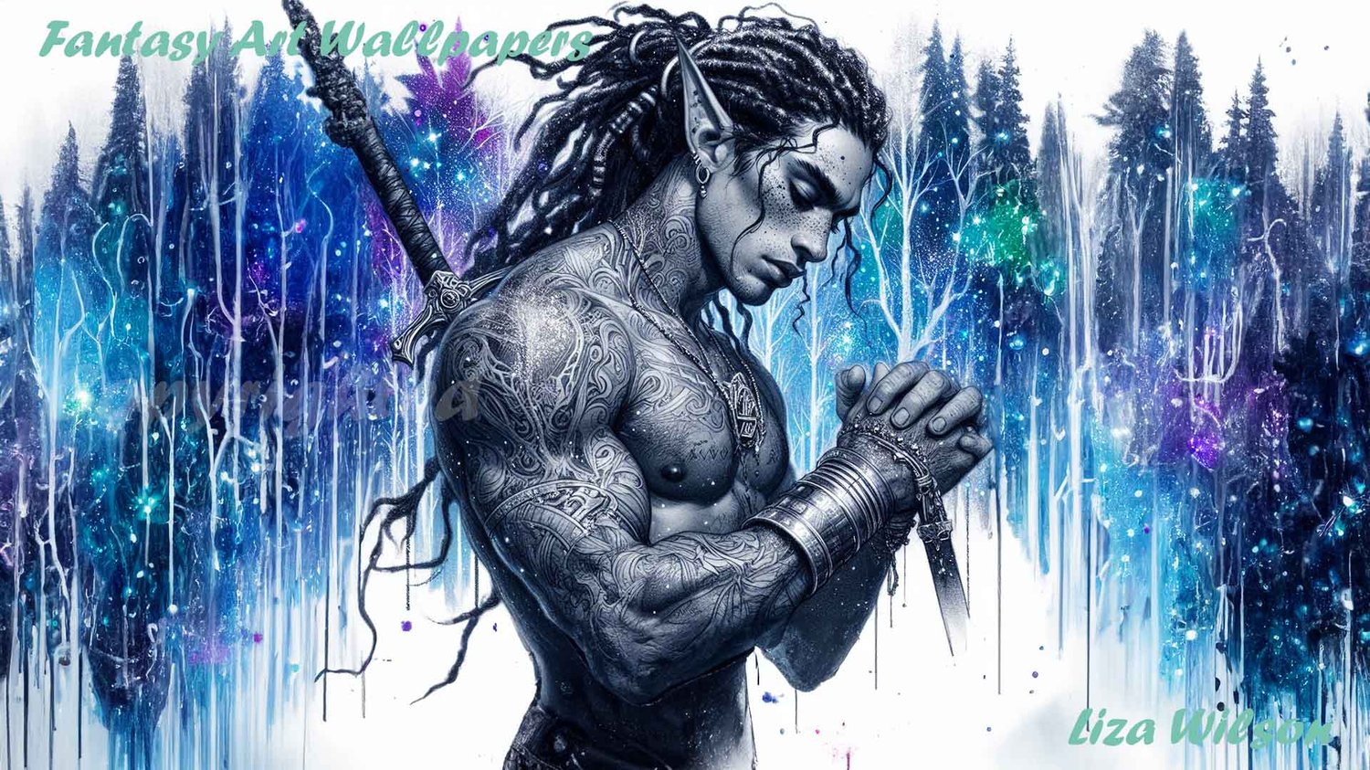 elf, elves, fantasy art, male elf, muscular elf, elf in forest, purple forests, white trees, fantasy wallpaper, lakes
