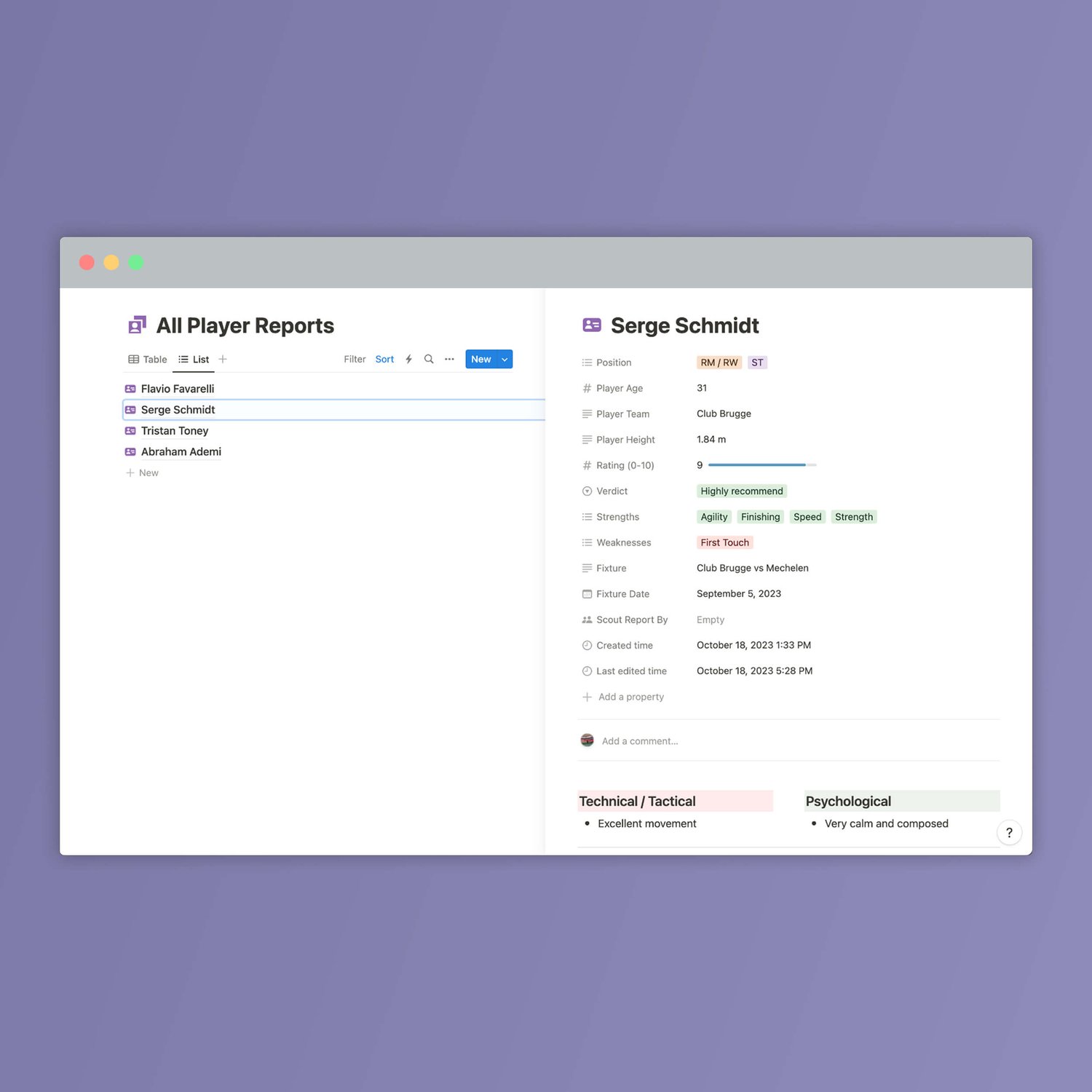 Scouting Database Notion Template - Player & Team Scout Reports