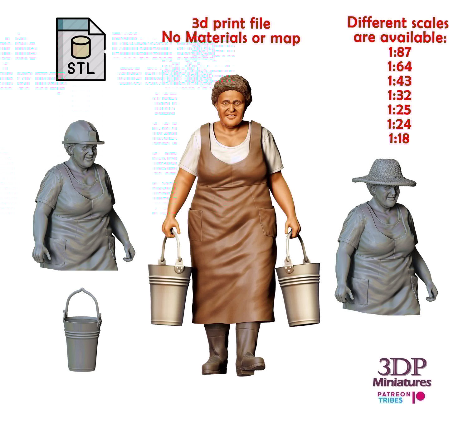 3dp Miniatures, Farmers woman carrying buckets, 3d print figures