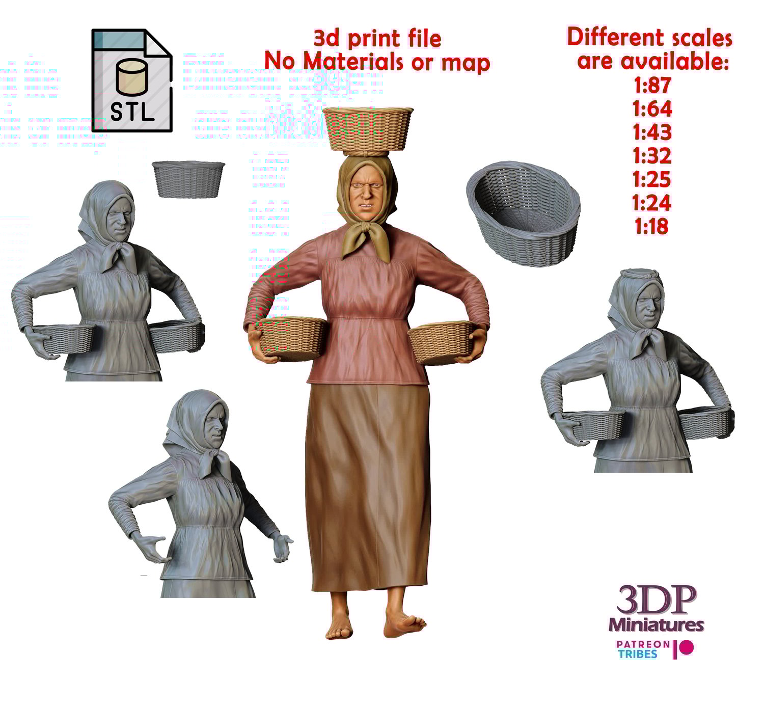 3dp miniatures, N5 Farmers woman carrying Baskets