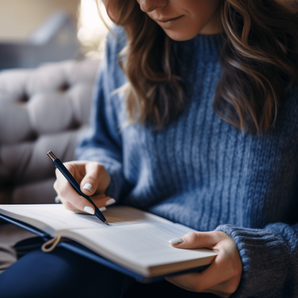 woman sitting in a sofa journaling