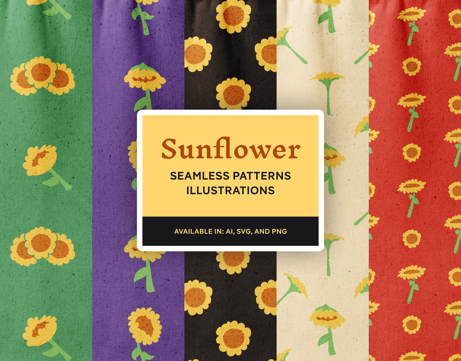 Image may contain: various sunflower seamless pattern designs with title and description.