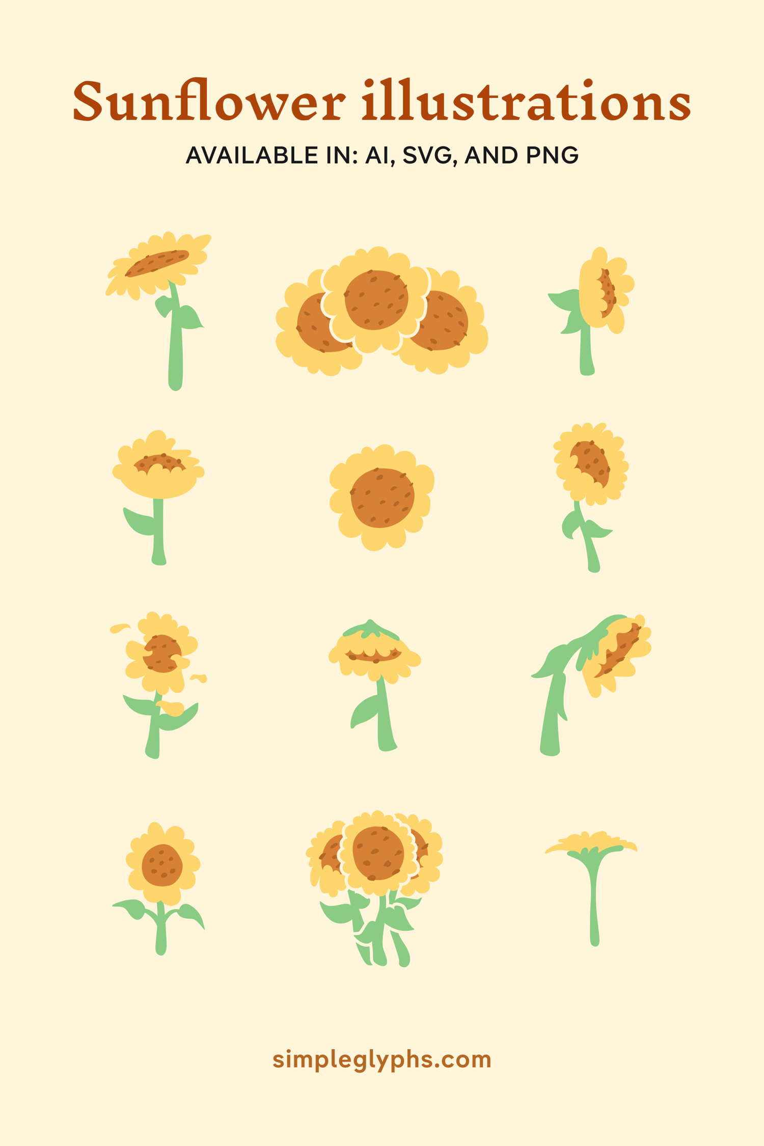 Image may contain: bunch of sunflower illustrations in various angles.