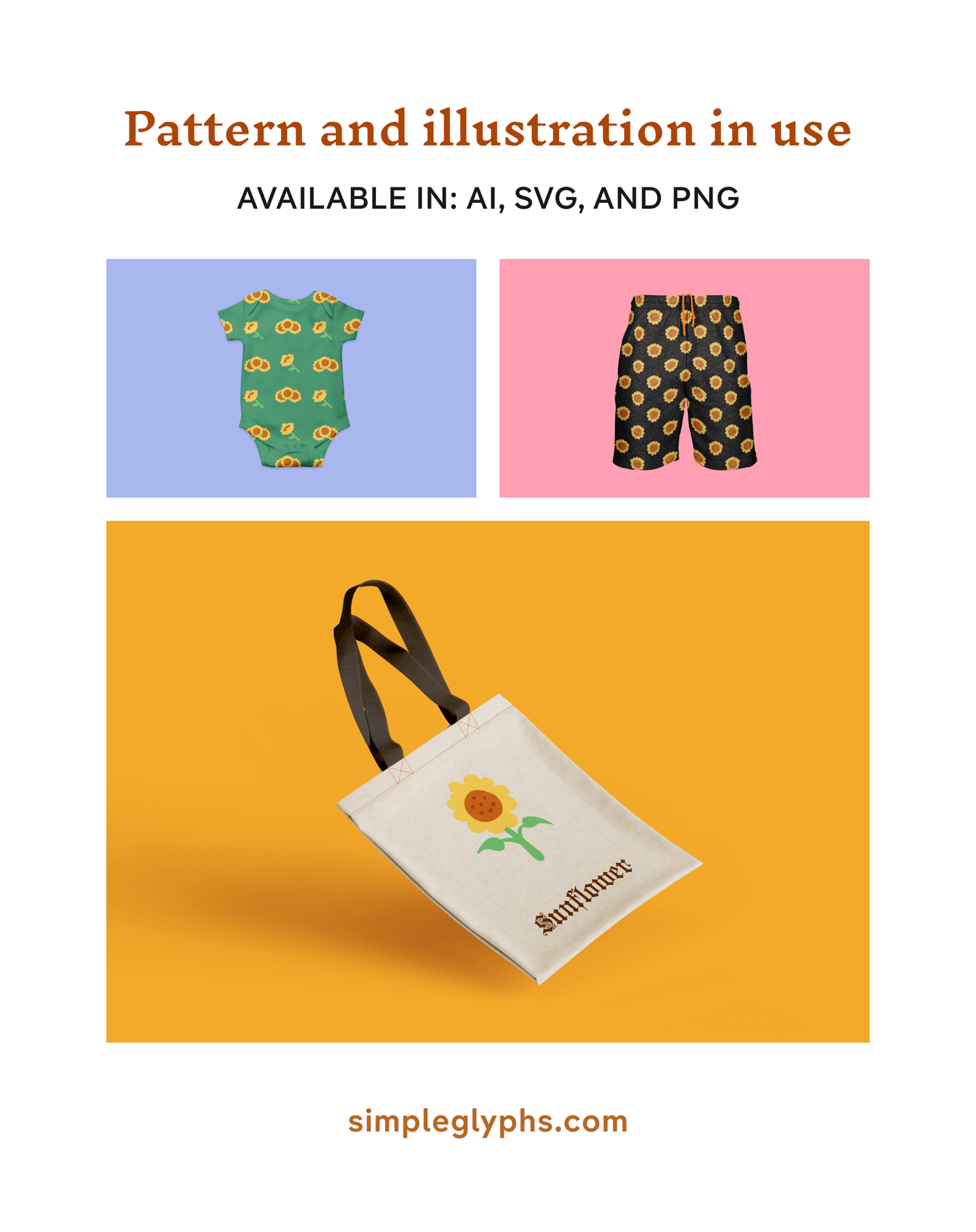 Image may contain: baby shirt with seamless sunflower pattern design, black short pant with sunflower pattern design, and tote bag with sunflower illustration.