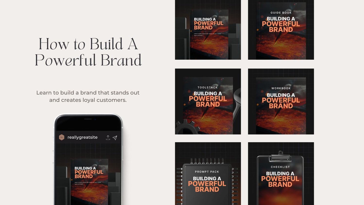 This bundle is a complete toolkit for building a strong, cohesive brand. It includes guides, exercises, AI prompts, and essential tools to help you define your brand, connect with your audience, and achieve lasting success.