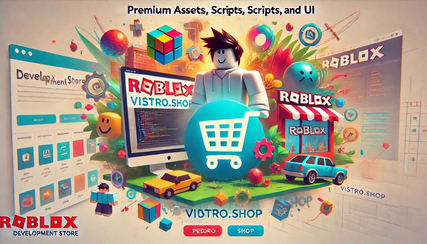 A visually appealing banner image representing a Roblox development store. The image should feature a vibrant and dynamic background