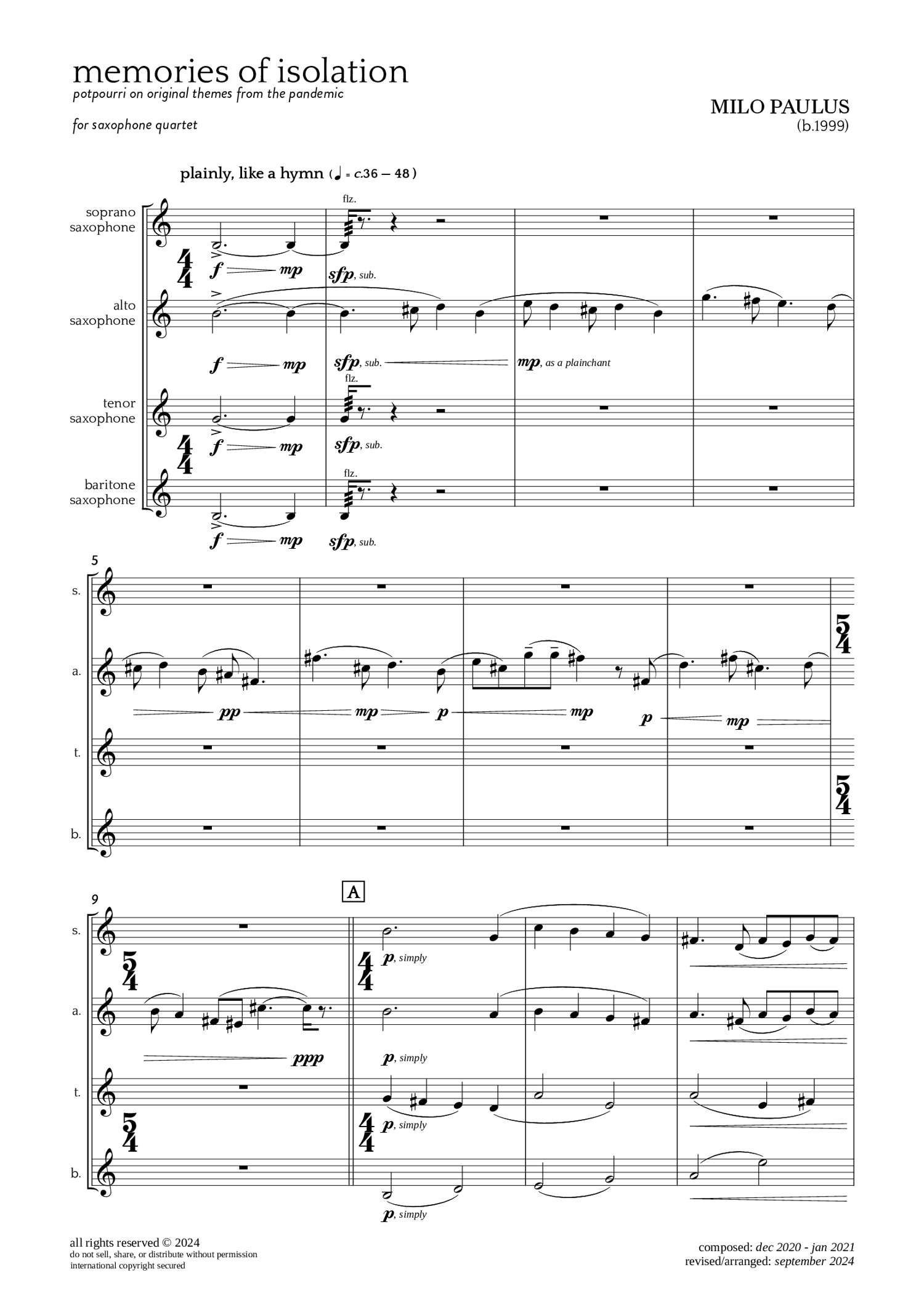 memories of isolation for saxophone quartet score page