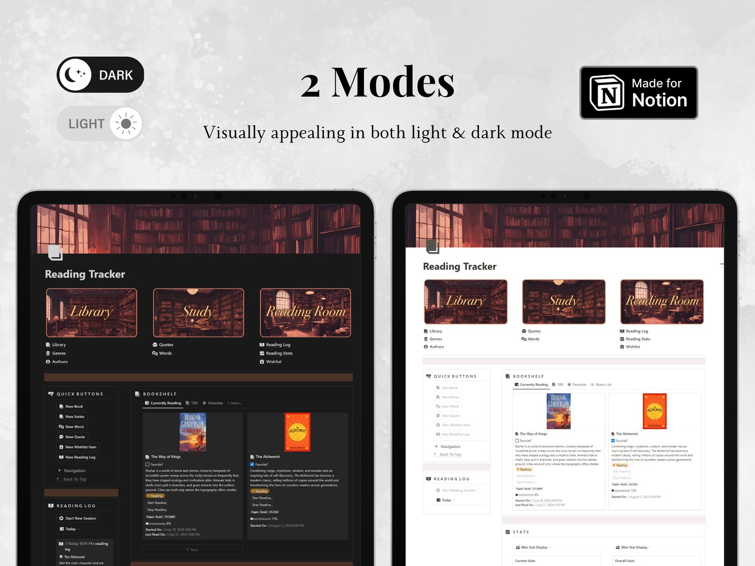 Reading Tracker for Notion that looks good and works in dark and light mode