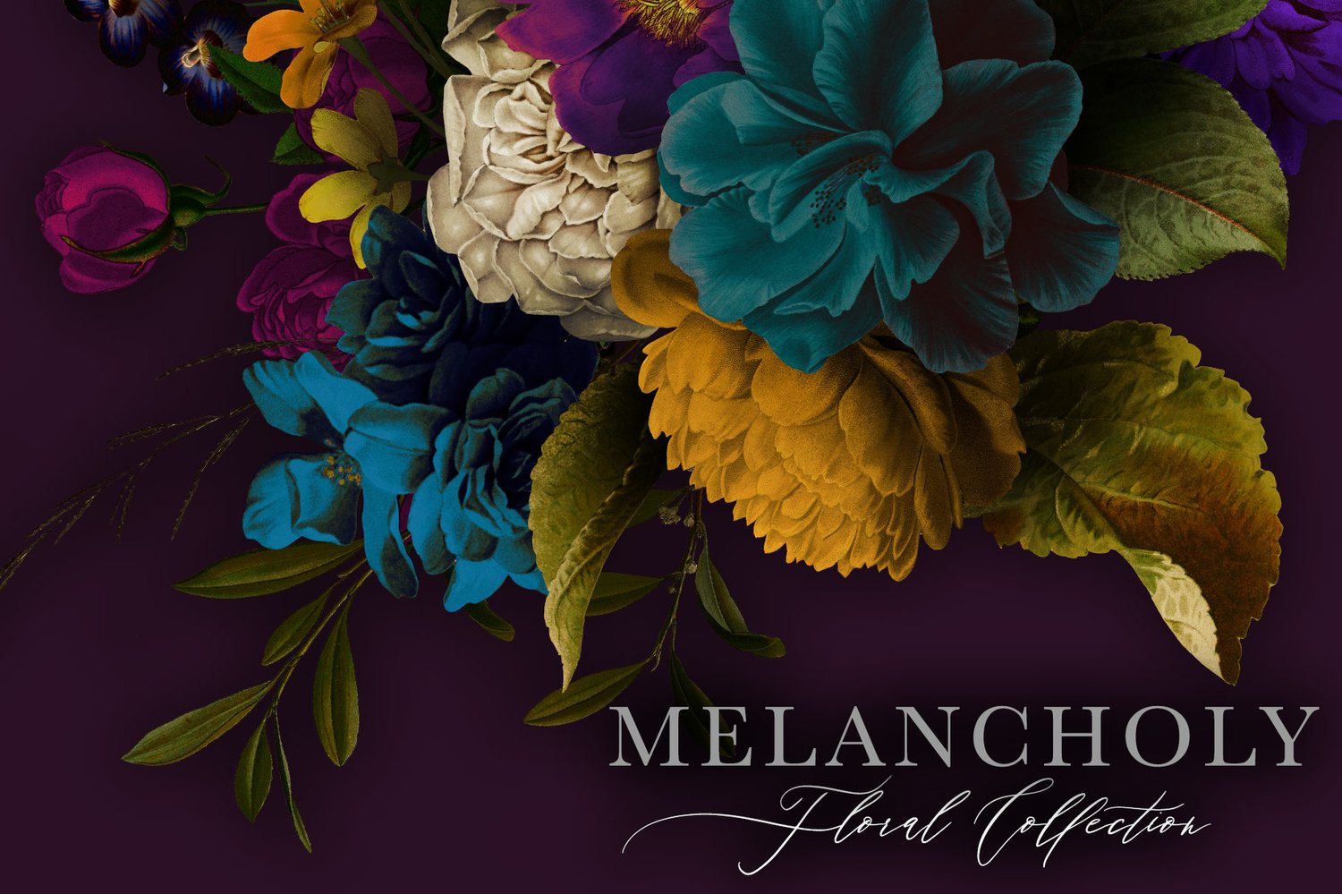 vintage flower and leaf clip art with dark and moody styling in blue, purple, turquoise, mustard and burgundy colors