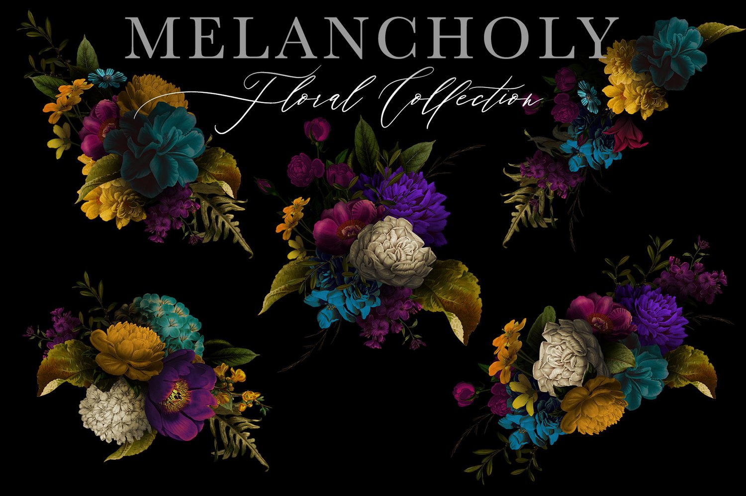 vintage flower and leaf clip art with dark and moody styling in blue, purple, turquoise, mustard and burgundy colors