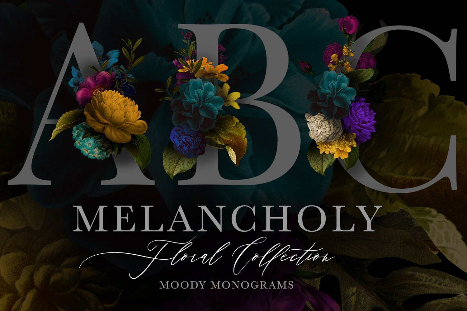 vintage flower and leaf clip art with dark and moody styling in blue, purple, turquoise, mustard and burgundy colors