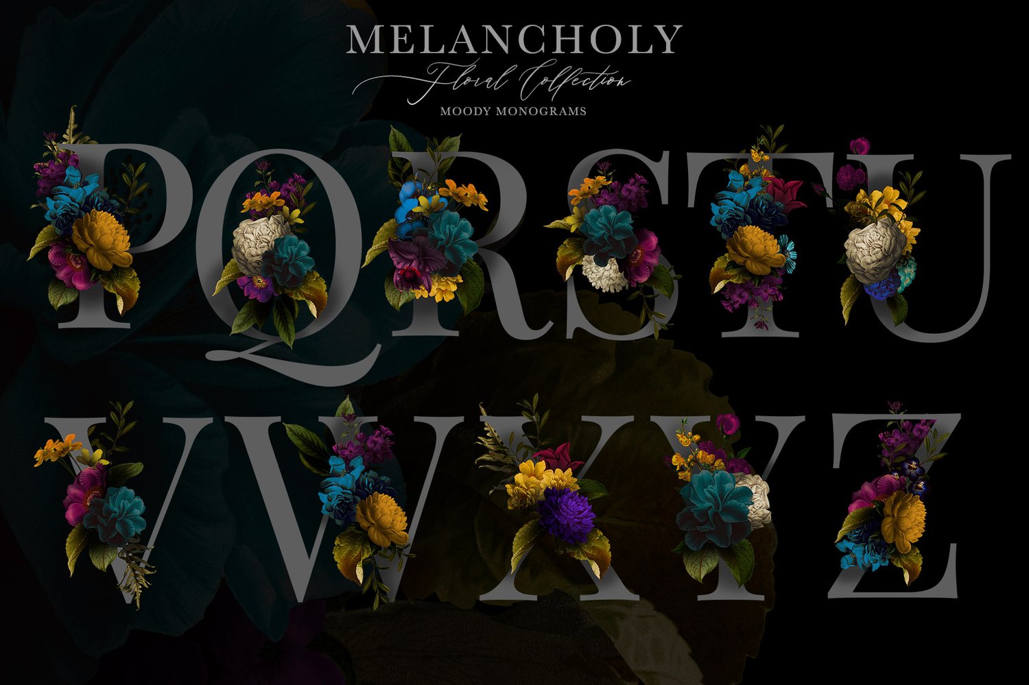 vintage flower and leaf clip art with dark and moody styling in blue, purple, turquoise, mustard and burgundy colors