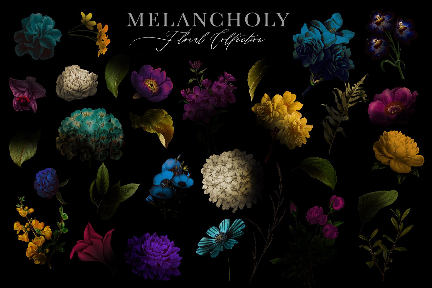 vintage flower and leaf clip art with dark and moody styling in blue, purple, turquoise, mustard and burgundy colors