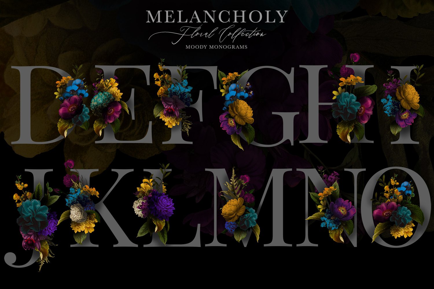 vintage flower and leaf clip art with dark and moody styling in blue, purple, turquoise, mustard and burgundy colors