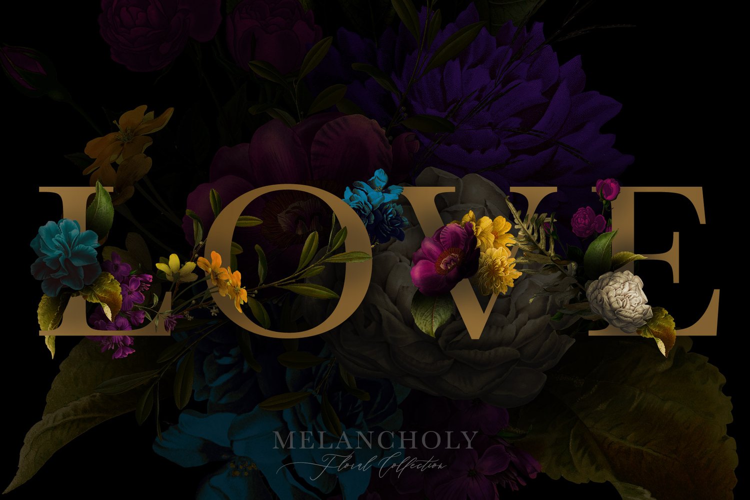 vintage flower and leaf clip art with dark and moody styling in blue, purple, turquoise, mustard and burgundy colors