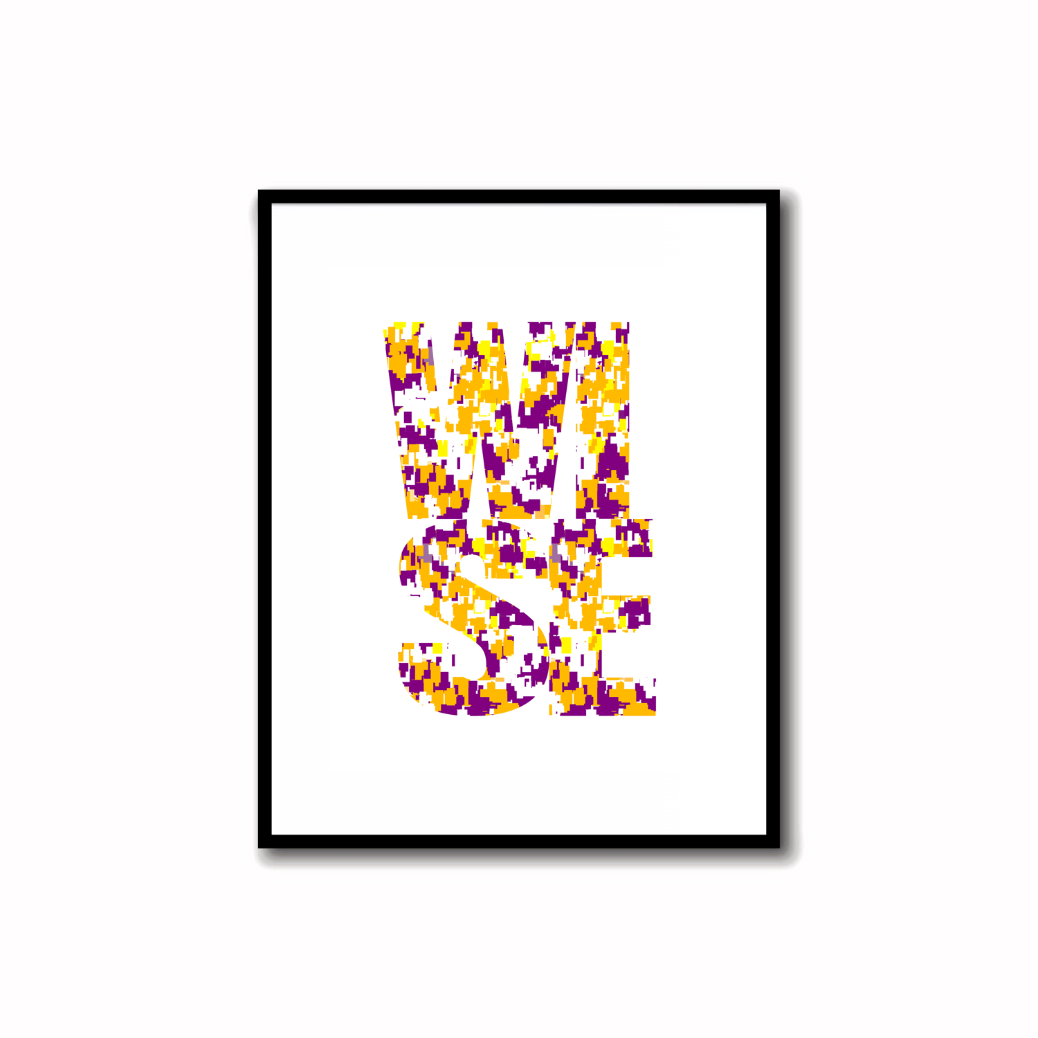 Bright, Colorful and Modern Abstract Printable "WISE" word art print in purple and amber colors. Ideal for wall, desk, and shelf decor.    Transform your space with our unique art instant printable!🌟Download the radiant palette featuring purple and amber 