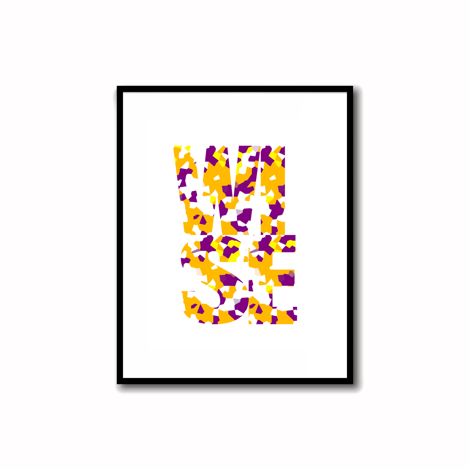 Bright, Colorful and Modern Abstract Printable "WISE" word art print in purple and amber colors. Ideal for wall, desk, and shelf decor.    Transform your space with our unique art instant printable!🌟Download the radiant palette featuring purple and amber 
