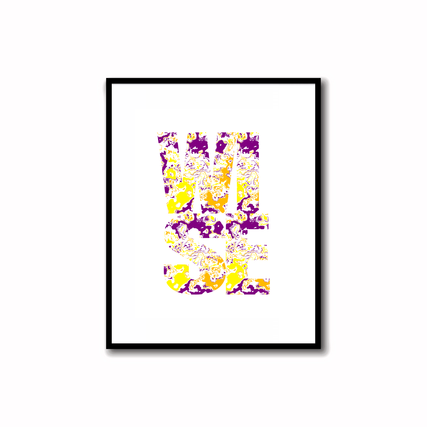 Bright, Colorful and Modern Abstract Printable "WISE" word art print in purple and amber colors. Ideal for wall, desk, and shelf decor.    Transform your space with our unique art instant printable!🌟Download the radiant palette featuring purple and amber 
