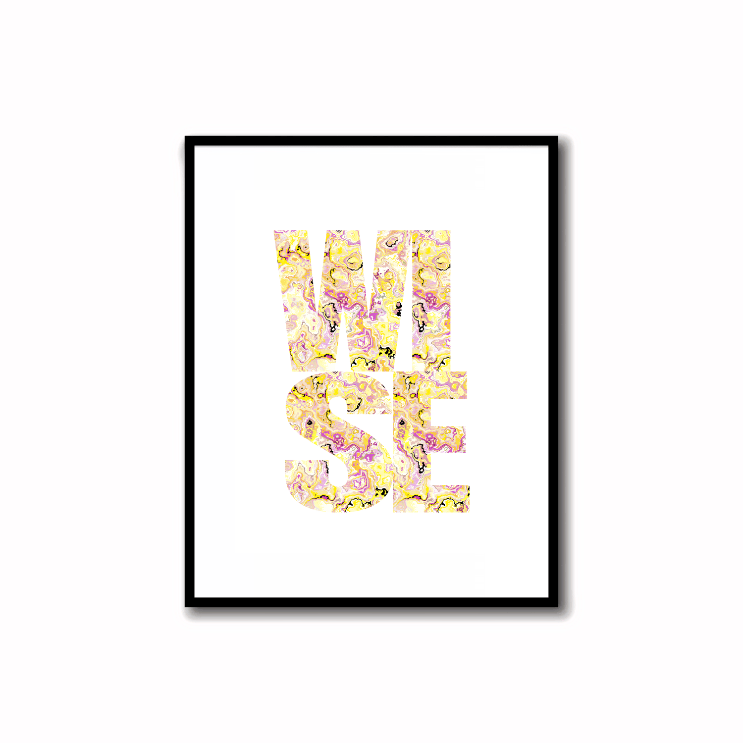 Bright, Colorful and Modern Abstract Printable "WISE" word art print in purple and amber colors. Ideal for wall, desk, and shelf decor.    Transform your space with our unique art instant printable!🌟Download the radiant palette featuring purple and amber 