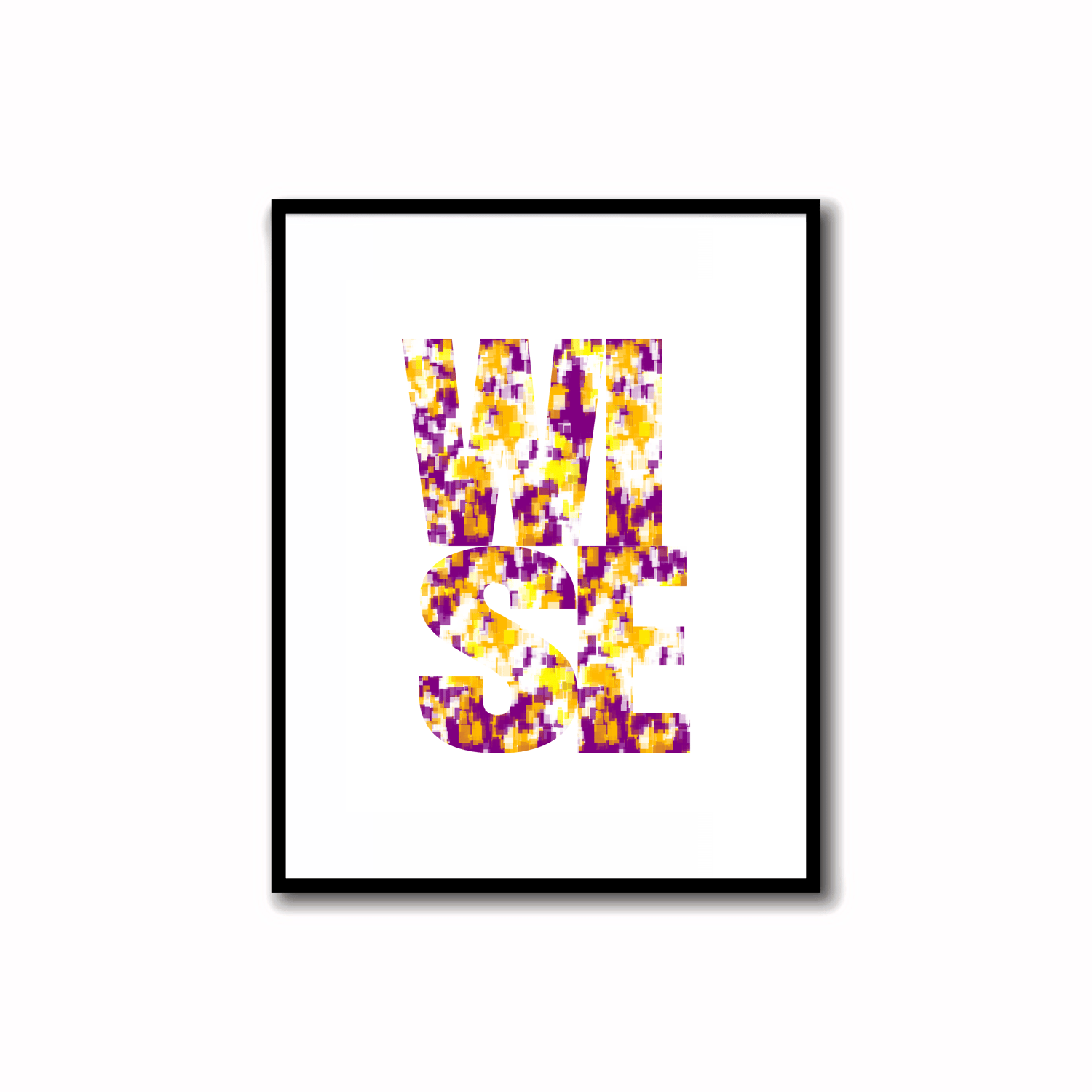 Bright, Colorful and Modern Abstract Printable "WISE" word art print in purple and amber colors. Ideal for wall, desk, and shelf decor.    Transform your space with our unique art instant printable!🌟Download the radiant palette featuring purple and amber 