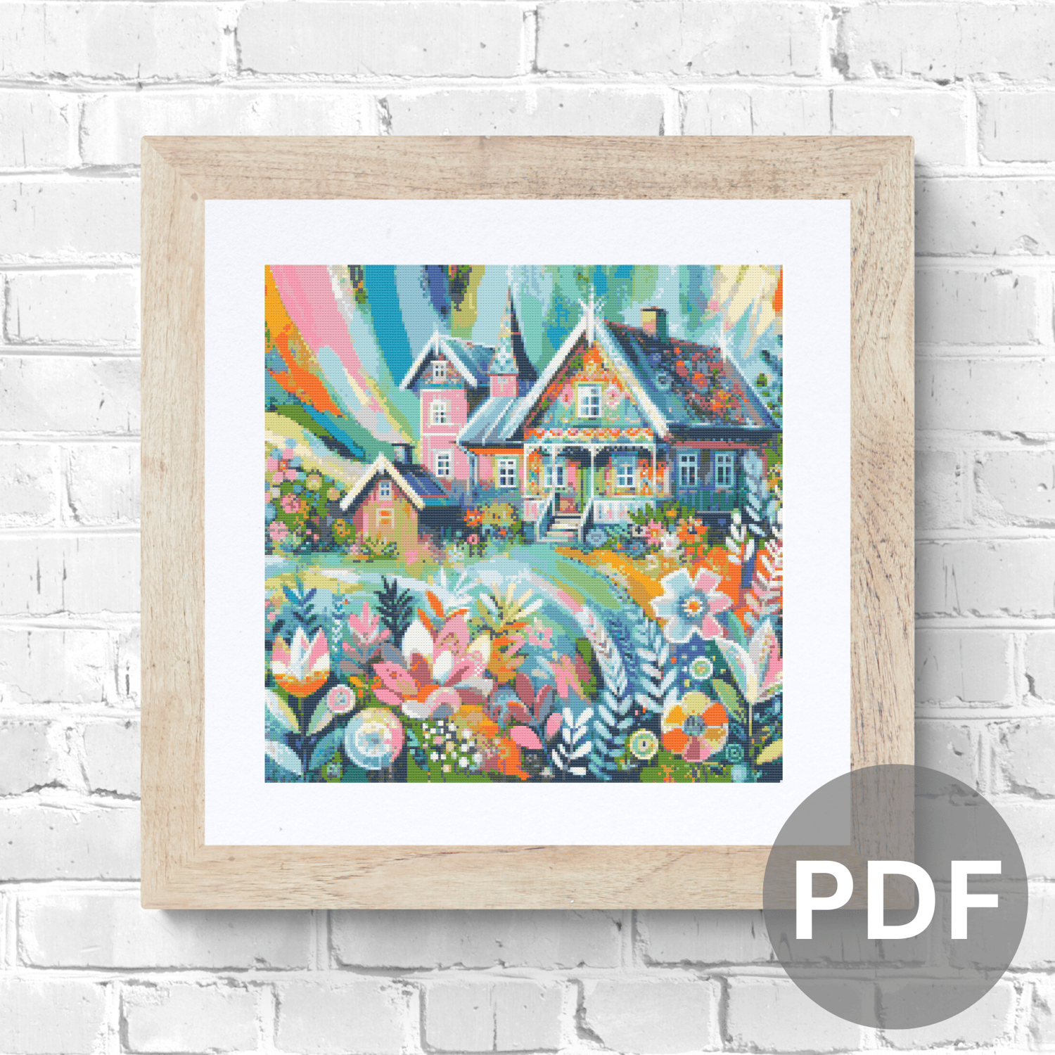 Colourful Cottage Cross Stitch Pattern Whimsical PDF Instant Download Chart