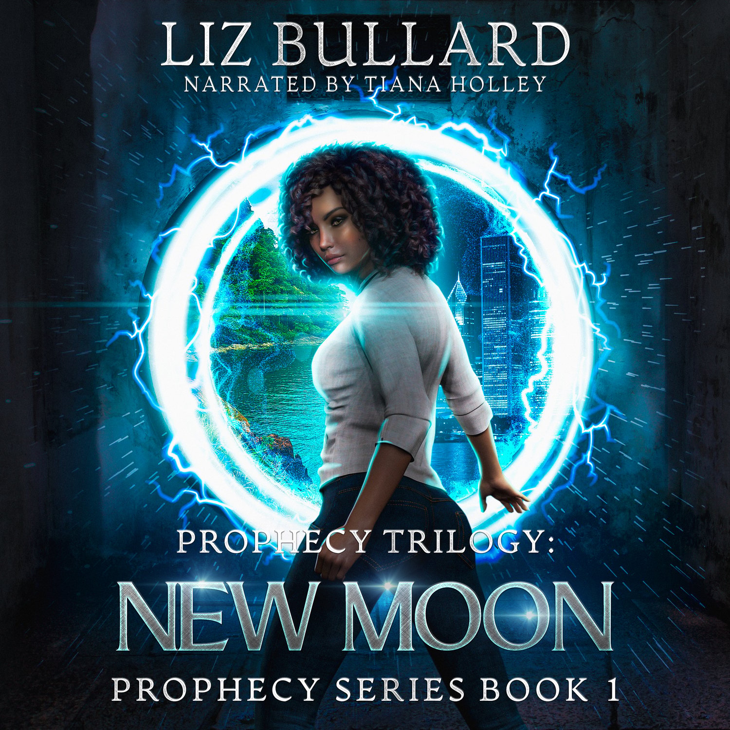 New Moon audiobook cover art with atmospheric moon imagery and audiobook badge