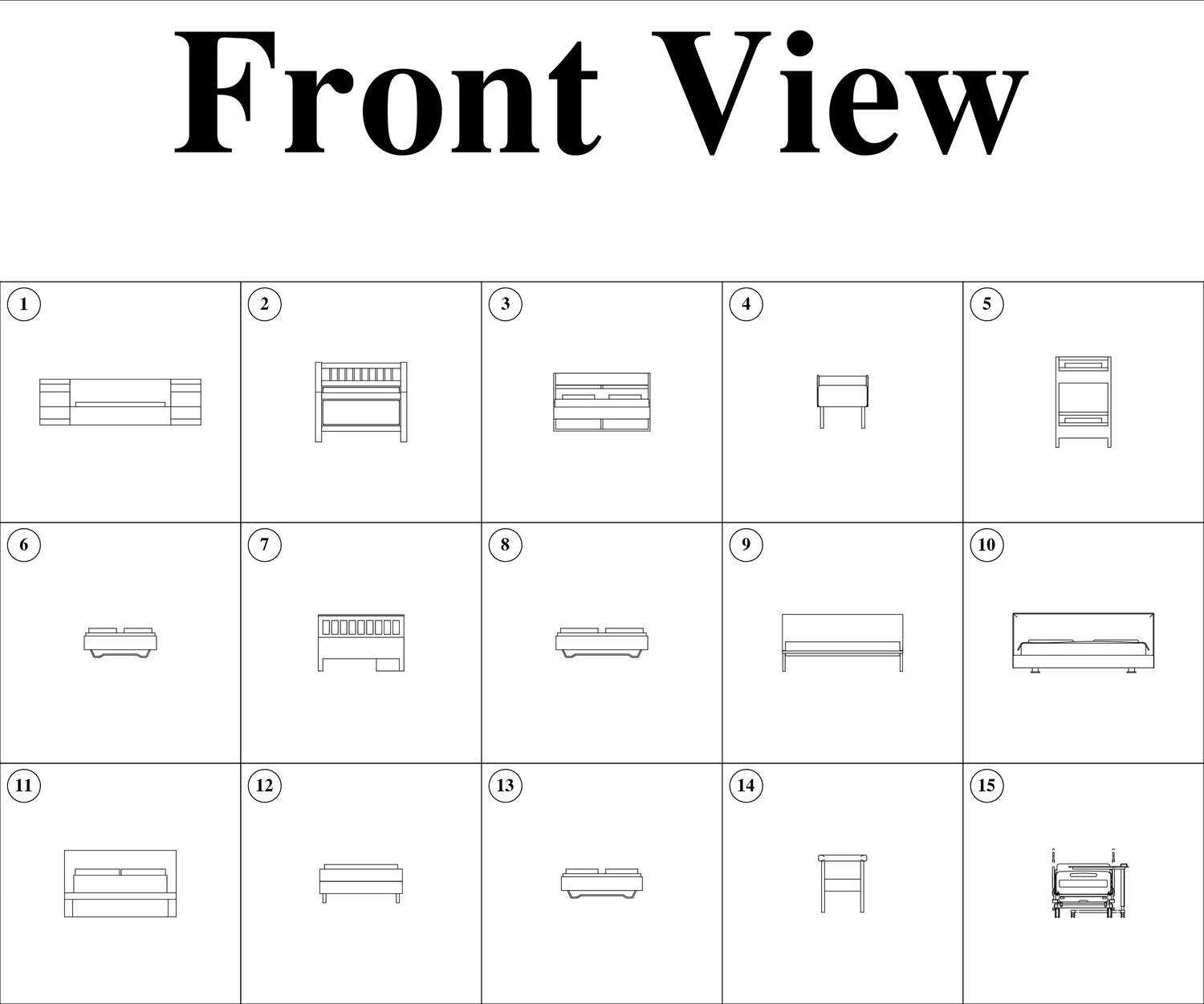 15 Beds Cad Blocks DWG, Front View