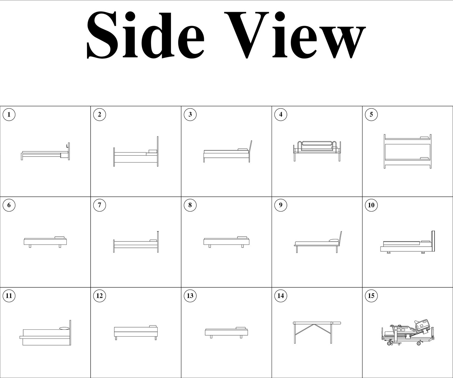 15 Beds Cad Blocks DWG, Side View
