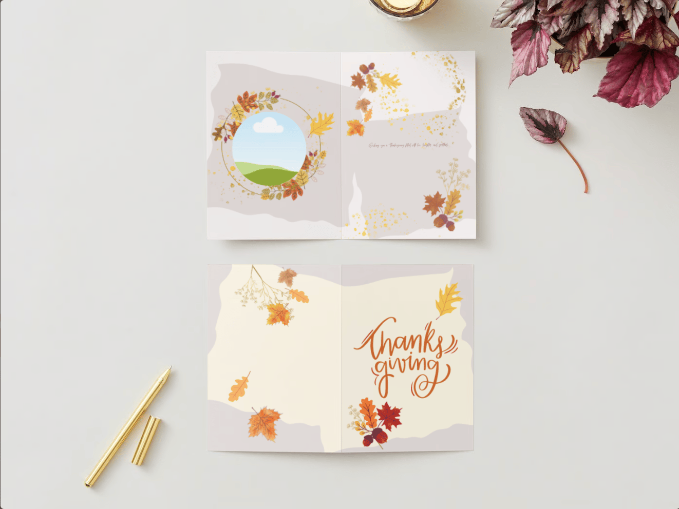 Customizable Pastel Fall Design Folded Card Portrait | Digital Canva Template. Mock Outside and Inside view
