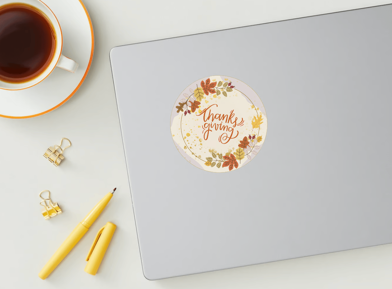Customizable Pastel Fall Design Circle Sticker | Digital Canva Template. Mock sticker on laptop