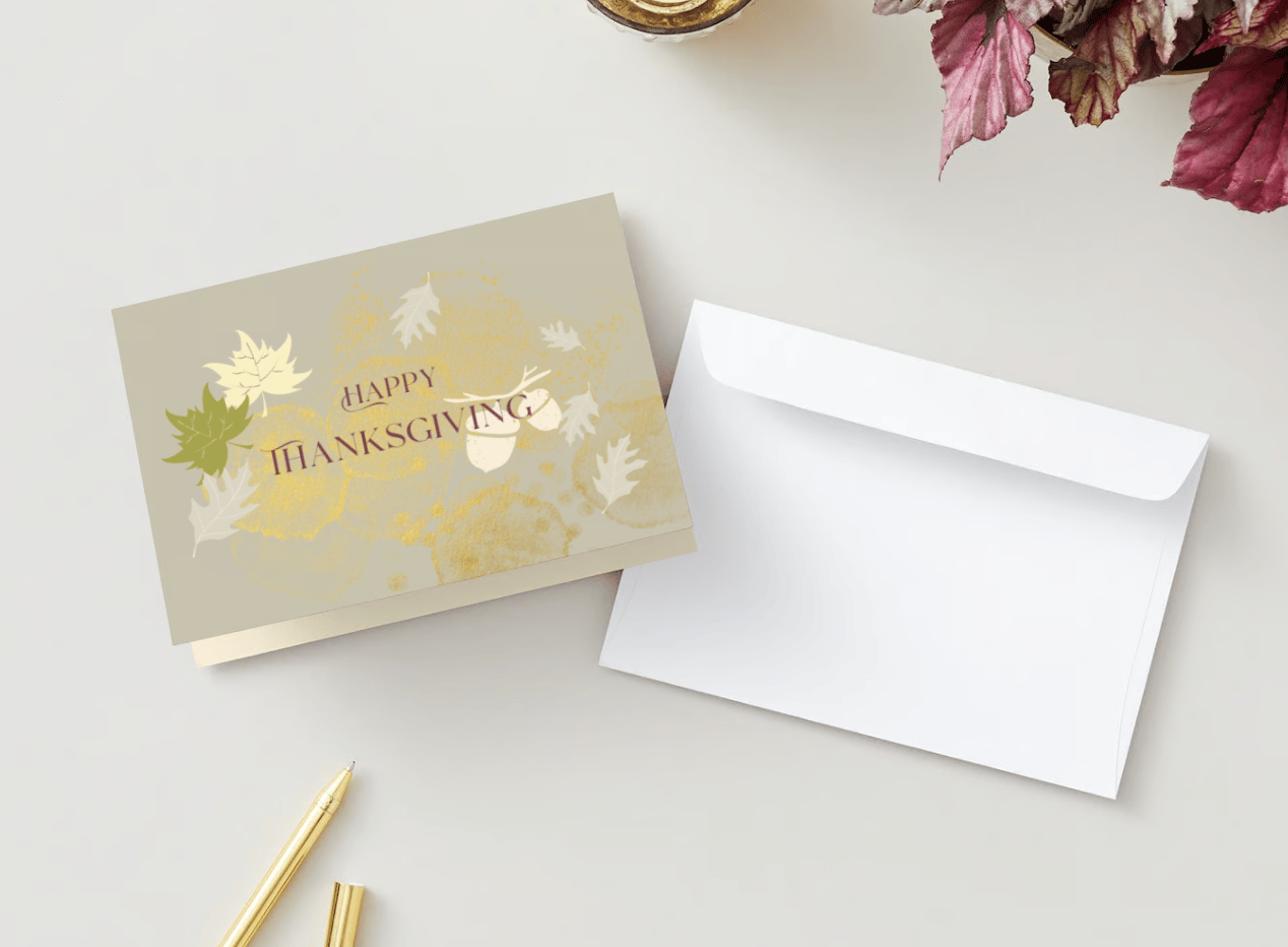 Customizable Minimalist Autumn Leaves Folded Card Landscape | Digital Canva Template. Mock outside front view