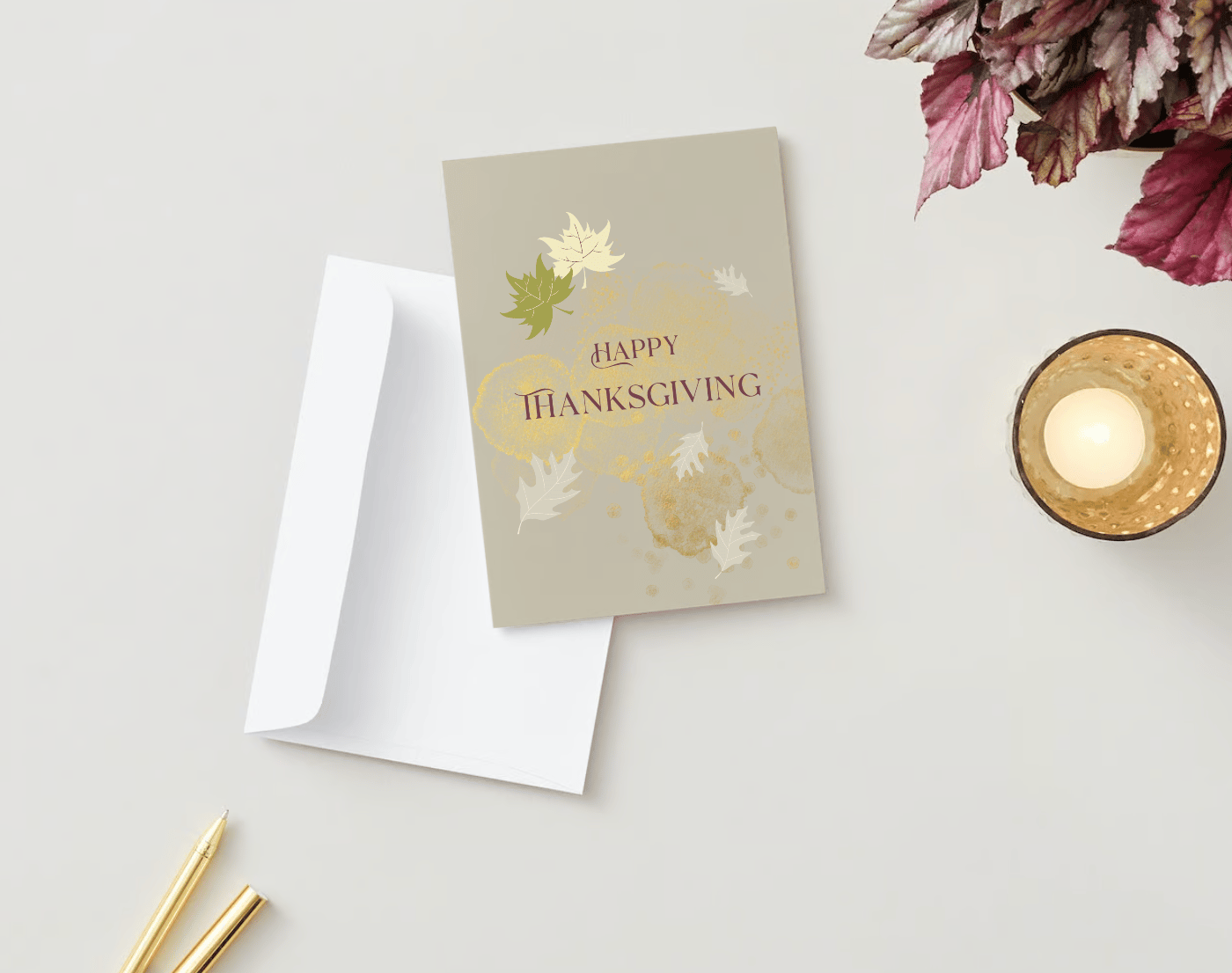 Customizable Minimalist Autumn Leaves Folded Card Portrait | Digital Canva Template. Mock outside front