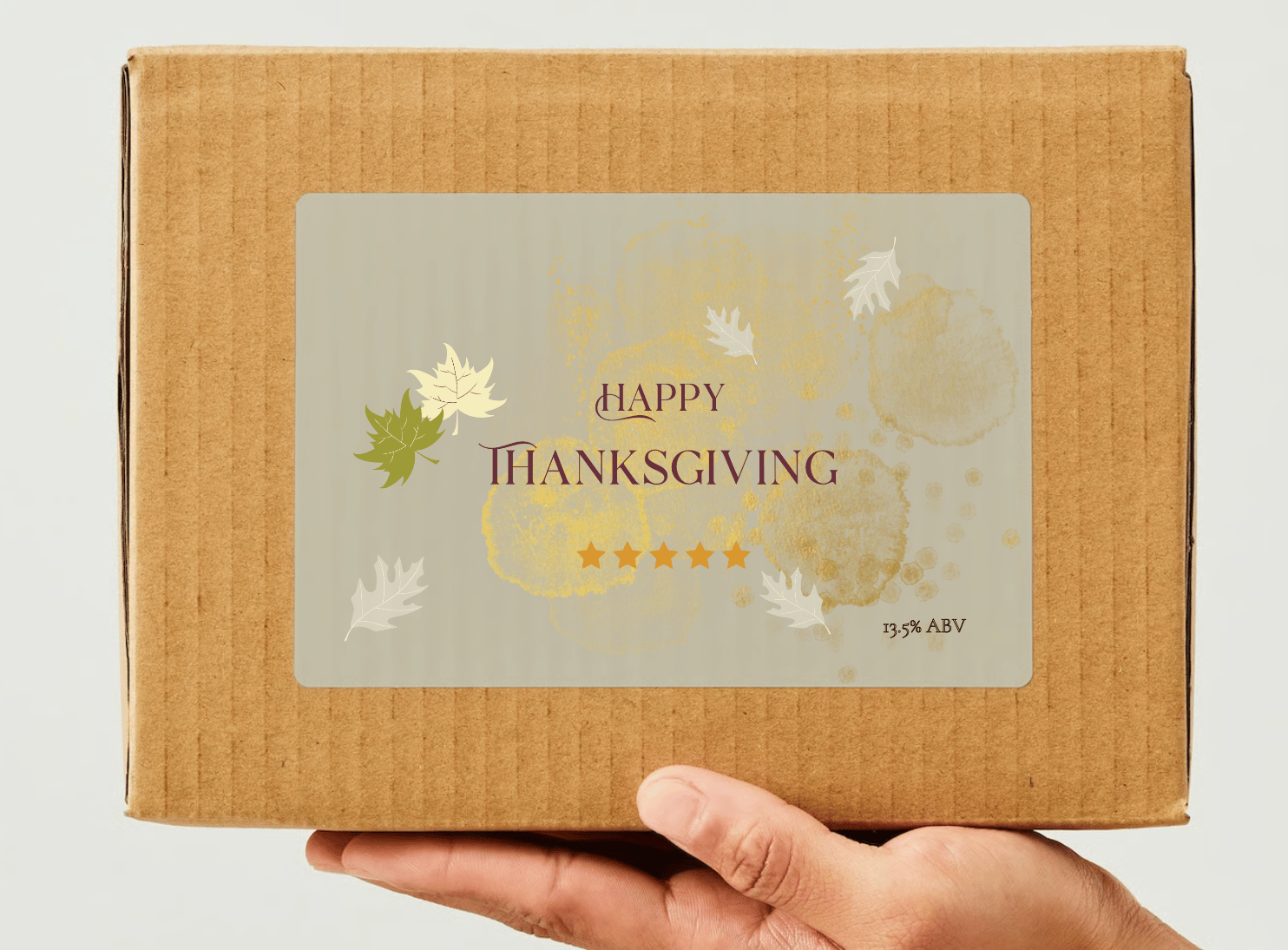 Customizable Minimalist Autumn Leaves Sticker Label 6"x4" | Digital Canva Template. Mock sticker on a box