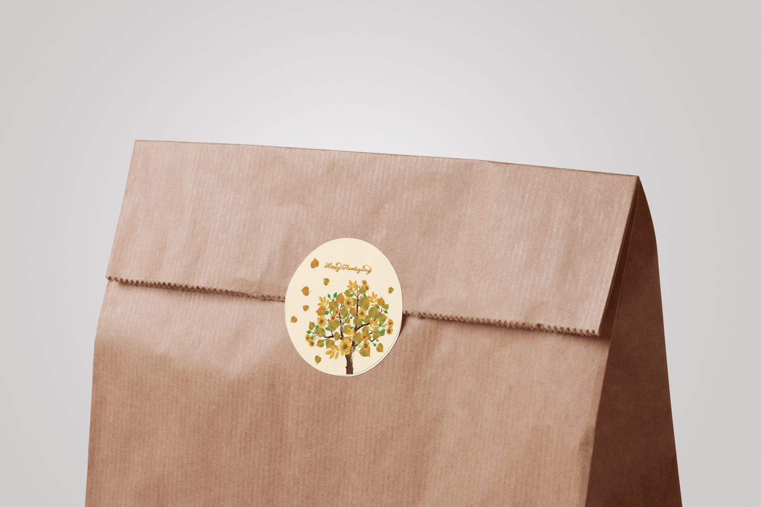 Customizable Abundant Vibrant Tree Circle Sticker | Digital Canva Template. Mock sticke on paper bag