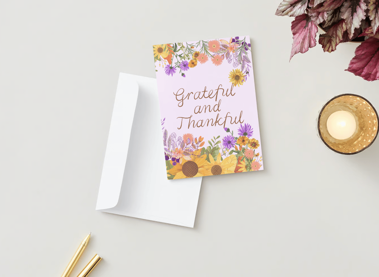 Customizable Vibrant Floral Abundance Folded Card Portrait | Digital Canva Template. Mock card outside front view with an envelope